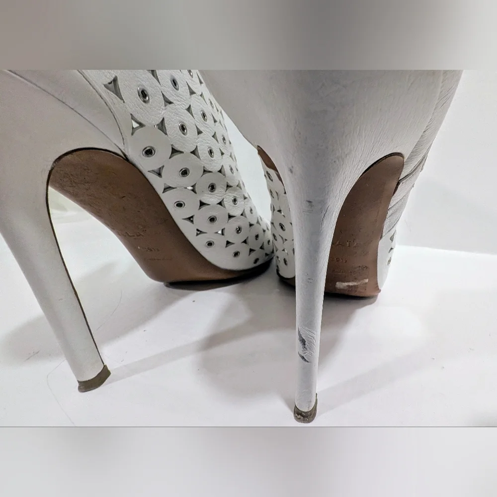 Alaia White Leather Laser Cut Heeled Boots with Grommets - Picture 6 of 10